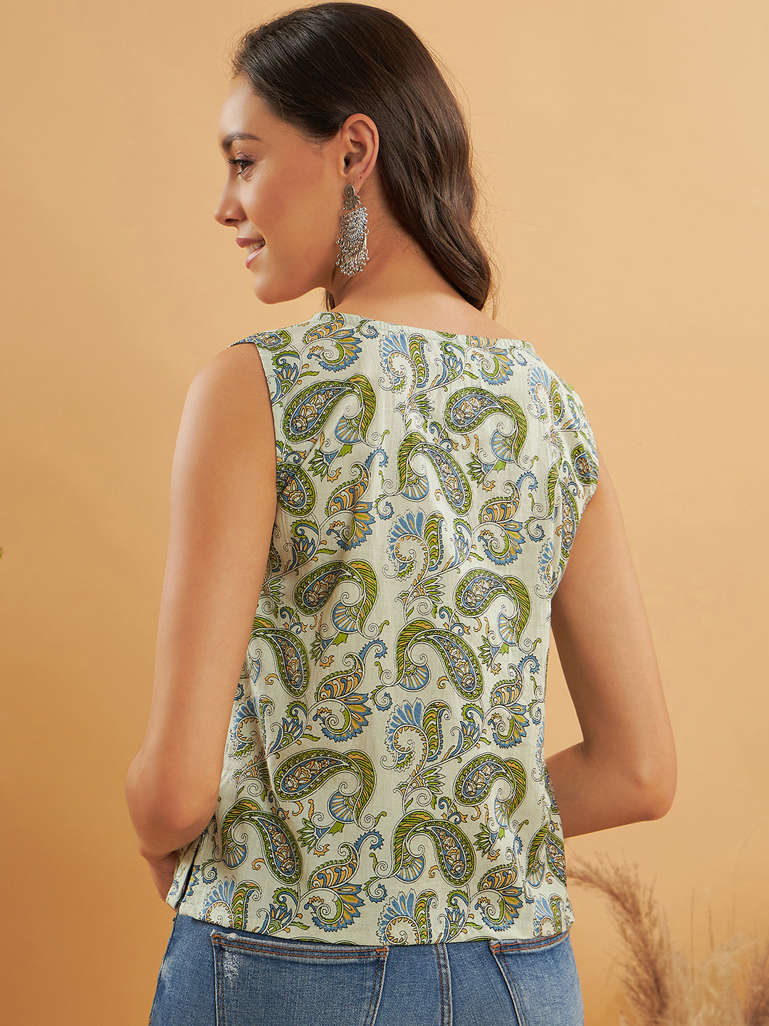 Sage Green Paisley Print Sleeveless Top