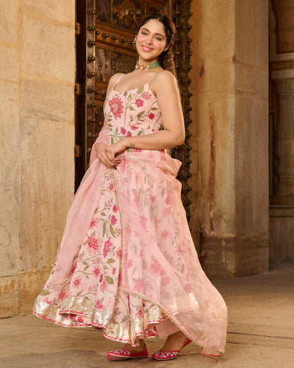 Belle Baby Pink Printed Viscose Organza Suit Set