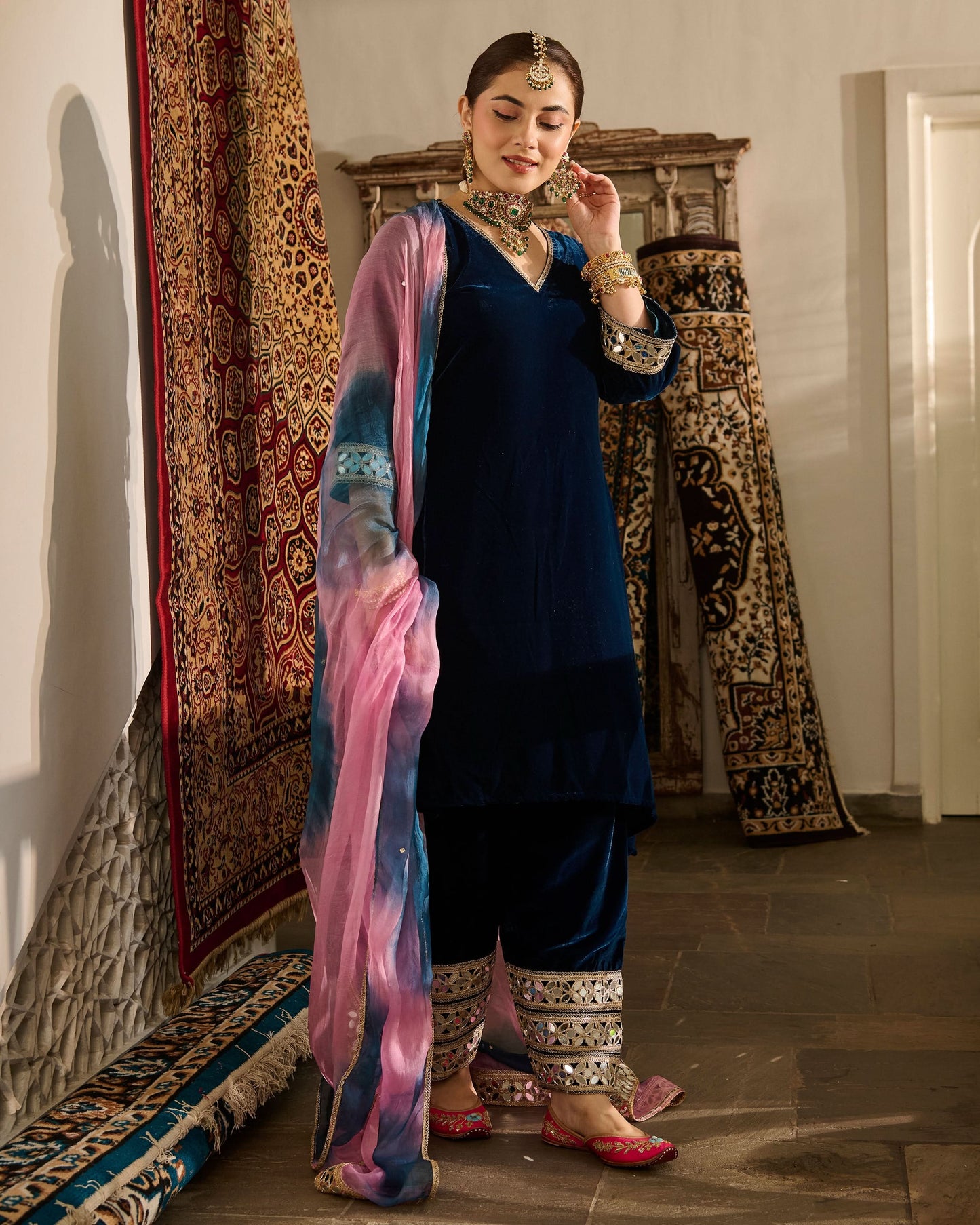 Amodini Blue Solid Velvet Suit Set