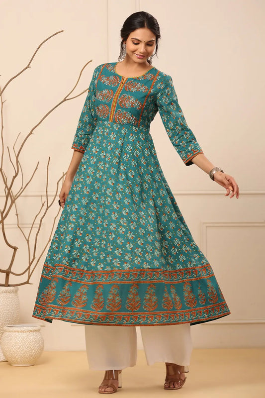 Women Teal Blue Ethnic Motifs Printed Anarkali Kurta