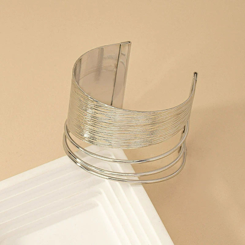 Modern Etched Silver Cuff with Triple Rod Detail Bracelets JLTB0846