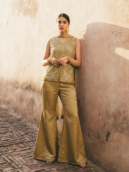 Pista Silk Embroidered Co-Ord Set with Dupatta for Women