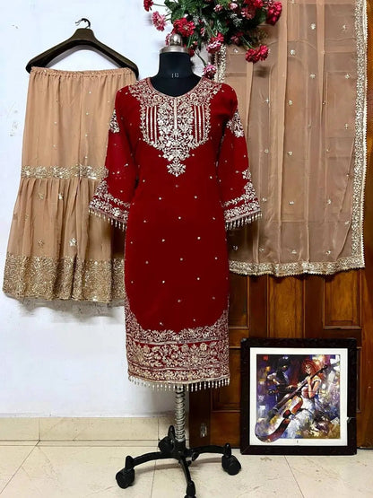Georgette Sequence work Party Wear Kurti Sharara Dupatta Set - Premium  from Ethenika.com - Just INR 2990! Shop now at Ethenika.com 