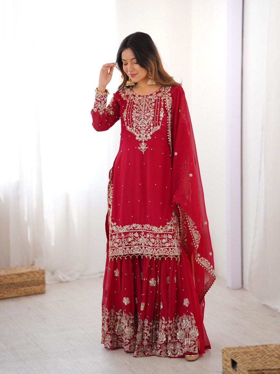 Premium Faux Georgette Embroidery with Moti Work Designer Kurti Sharara Dupatta Set (Ready to Wear)