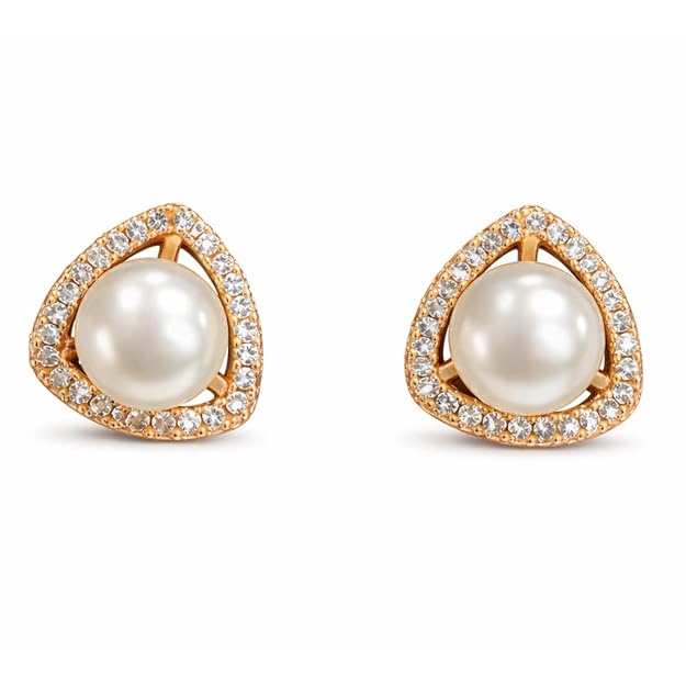 Rose Gold Plated Triangular Pearl Stud Earrings