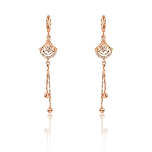 Rose Gold Long Earrings, American Diamond Studded Lightweight Drop Earrings for Women and Girls (rose)