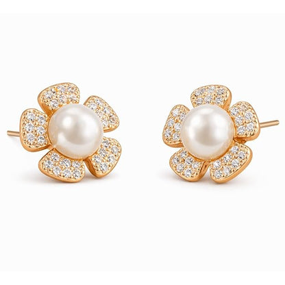 Pearl Pop Stud Earrings |Rose Gold Plated Floral Design Earrings