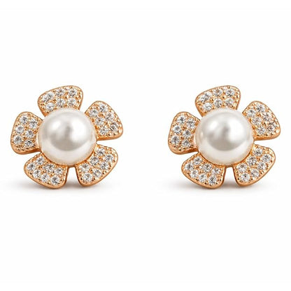 Pearl Pop Stud Earrings |Rose Gold Plated Floral Design Earrings