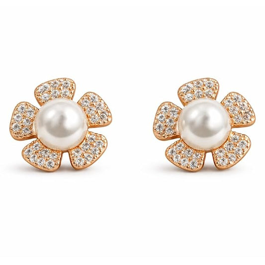 Pearl Pop Stud Earrings |Rose Gold Plated Floral Design Earrings