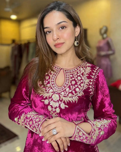 Premium Embroidery work Velvet Kurti Pant Dupatta Set ( Stitched) - Premium  from Ethenika.com - Just INR 2190! Shop now at Ethenika.com 