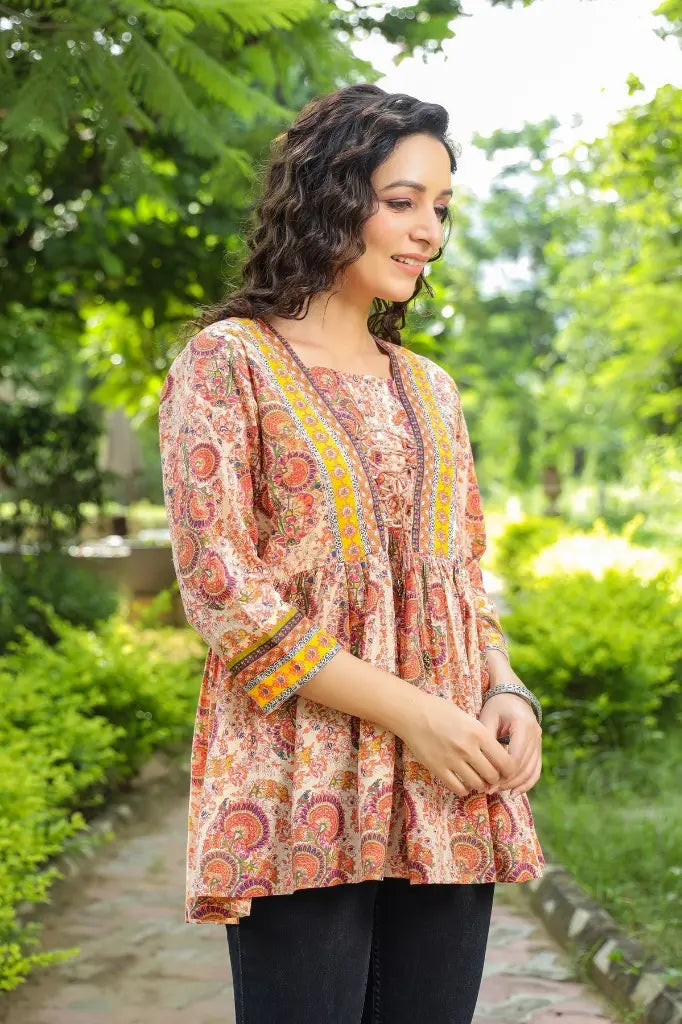 Beige Ethnic Motifs Printed Cotton Empire Top