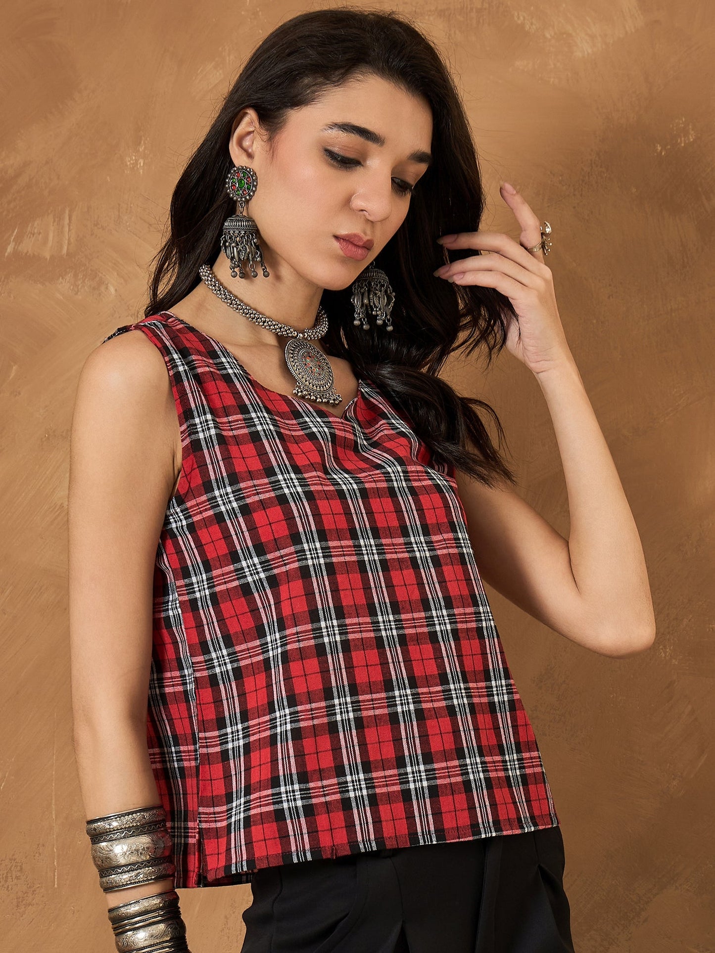 Red Black Check Sleeveless Top