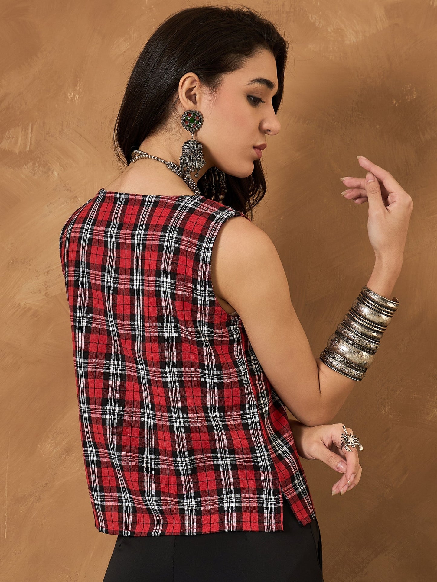 Red Black Check Sleeveless Top