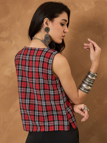 Red Black Check Sleeveless Top