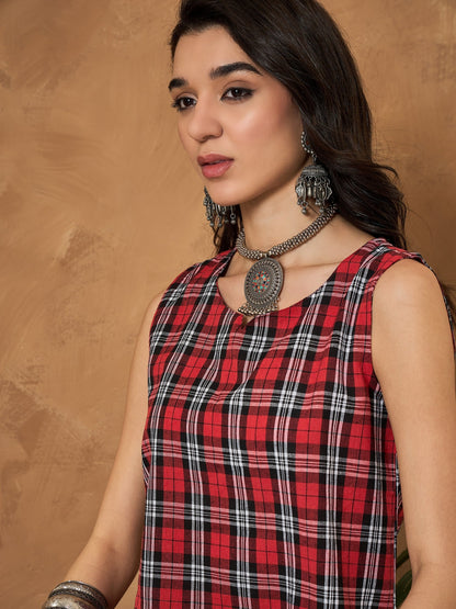 Red Black Check Sleeveless Top