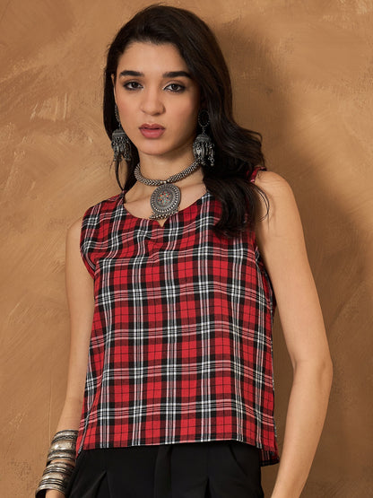 Red Black Check Sleeveless Top