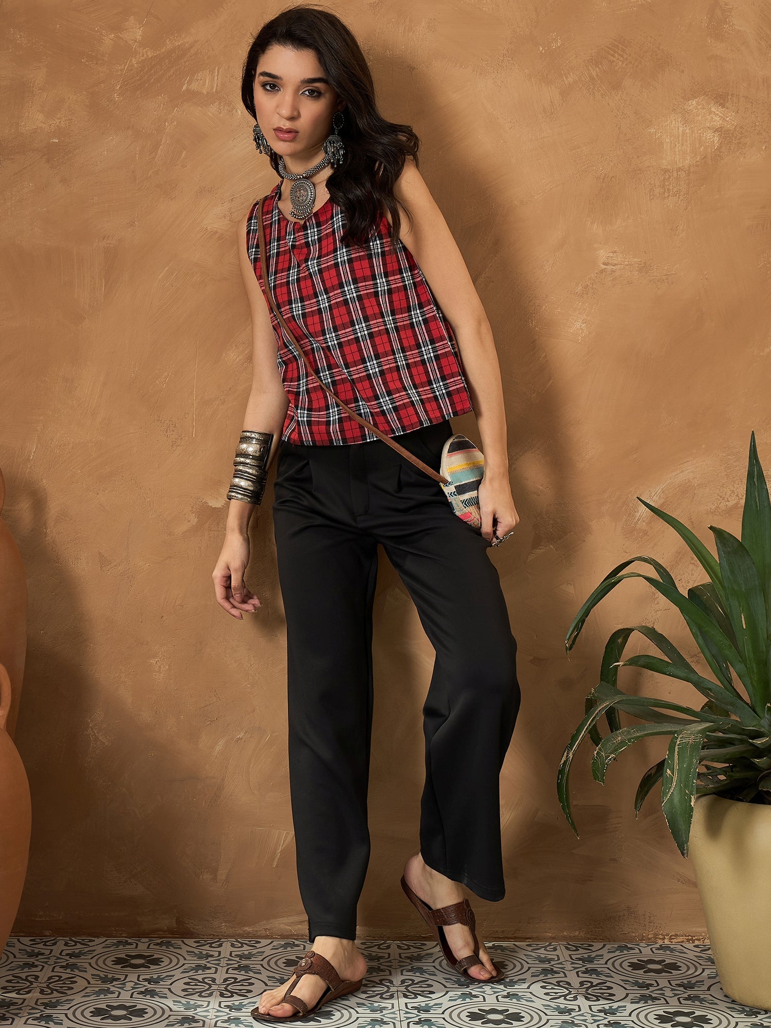 Red Black Check Sleeveless Top