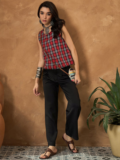 Red Black Check Sleeveless Top