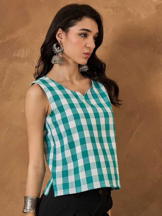 Light Blue Big Check Sleeveless Top