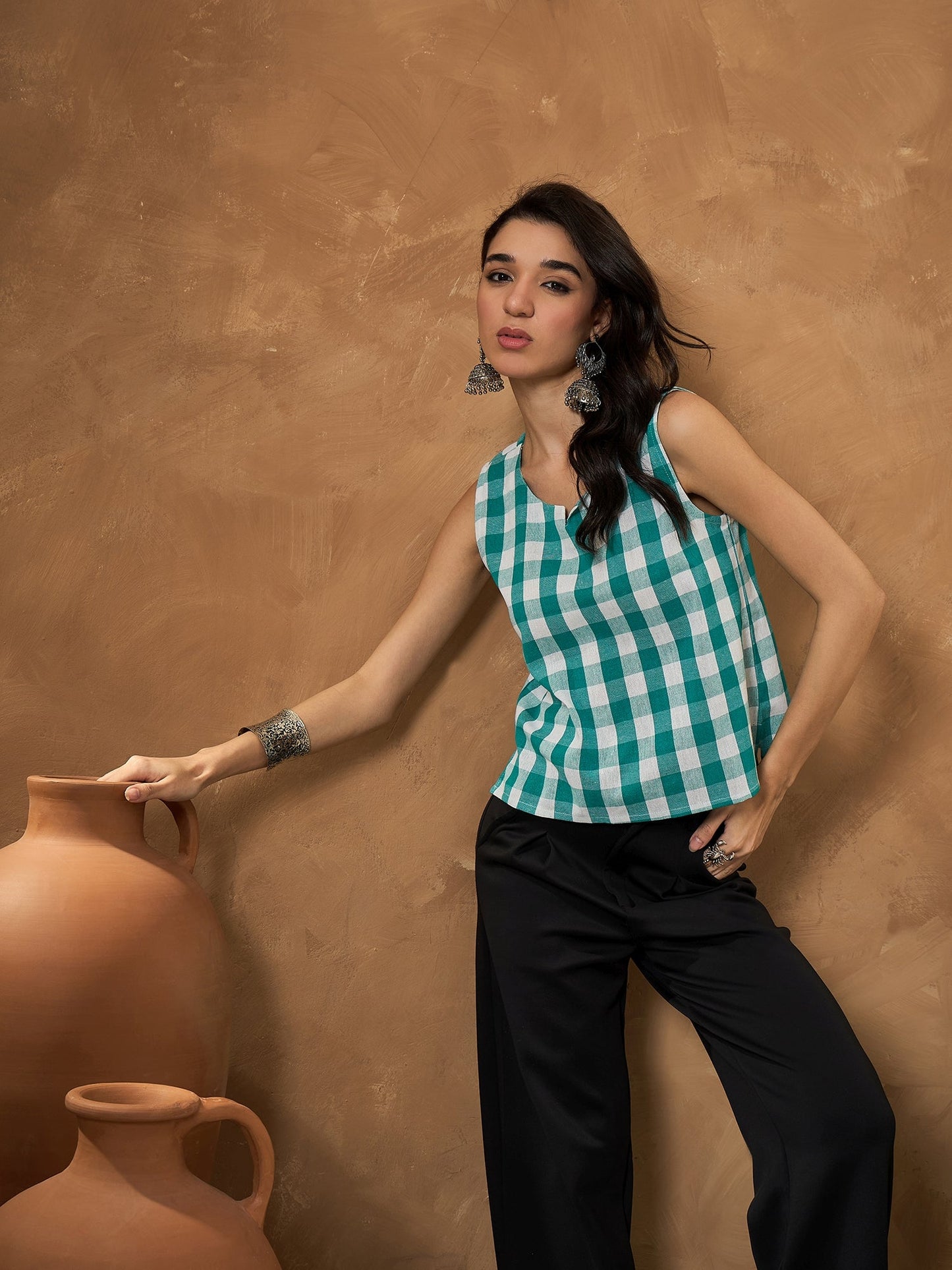 Light Blue Big Check Sleeveless Top