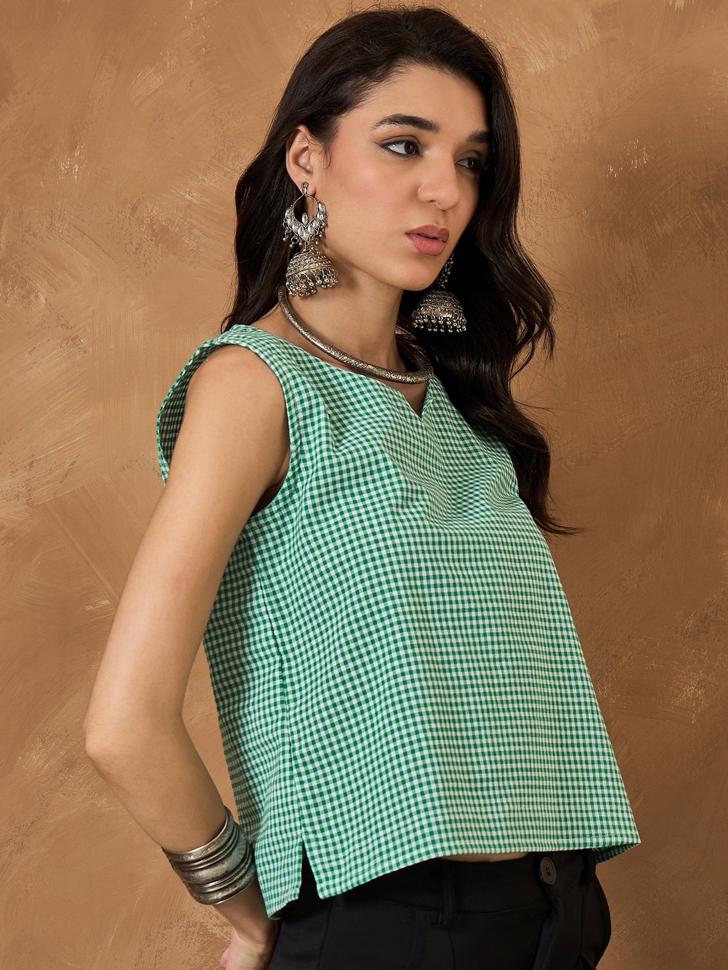 Green Small Check Sleeveless Top