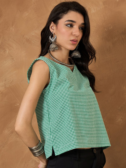Green Small Check Sleeveless Top