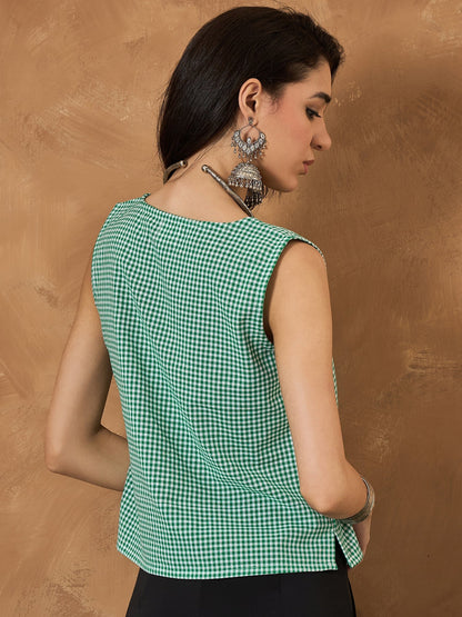 Green Small Check Sleeveless Top