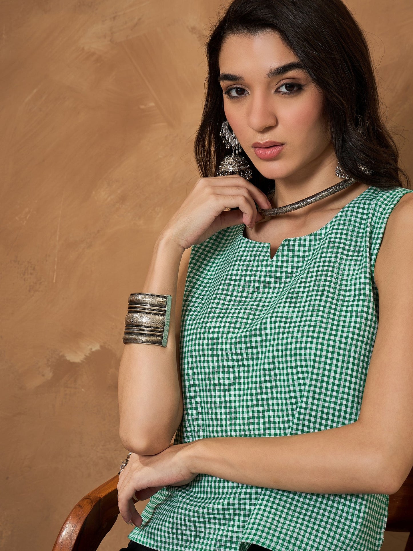 Green Small Check Sleeveless Top