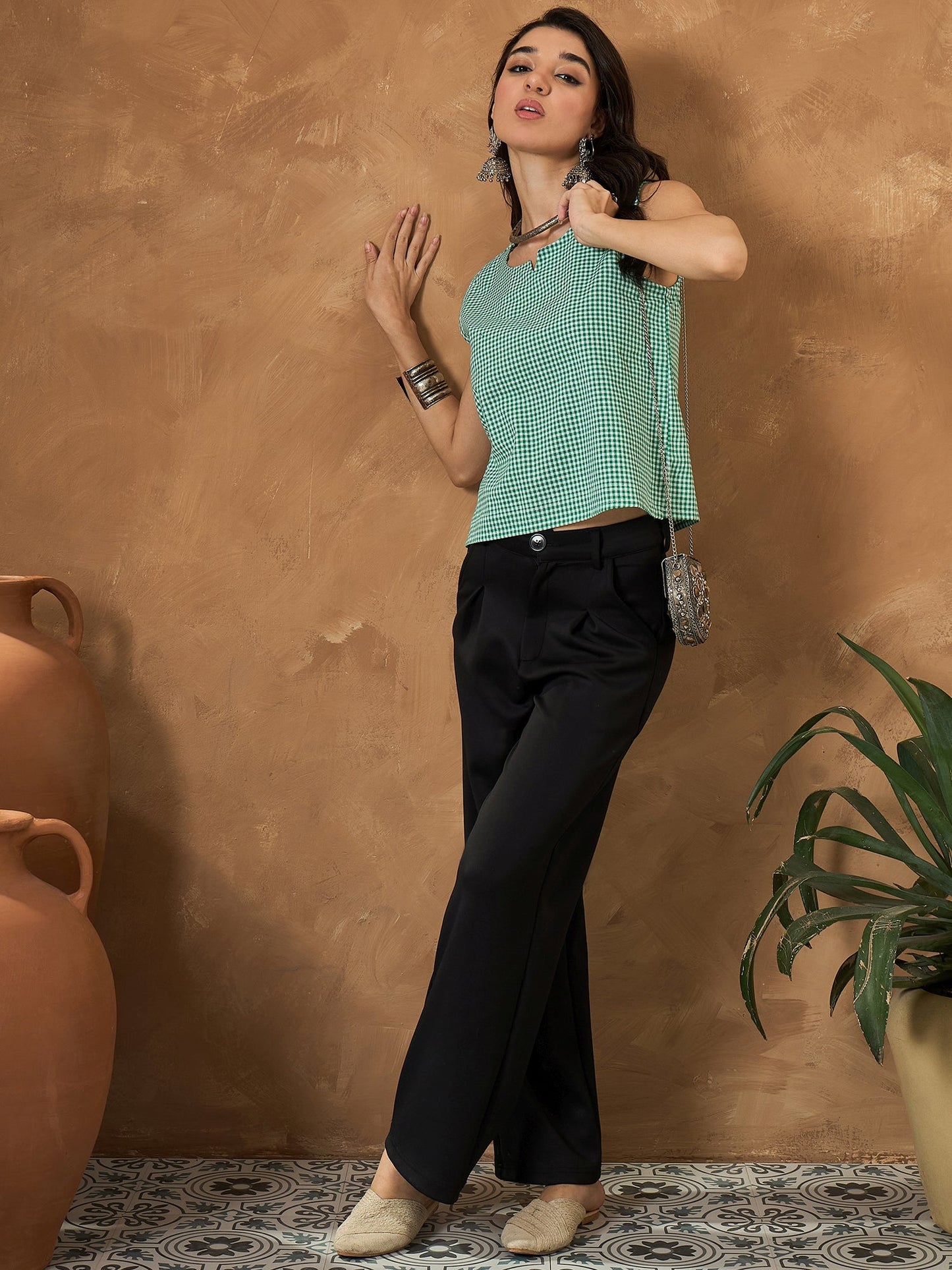 Green Small Check Sleeveless Top