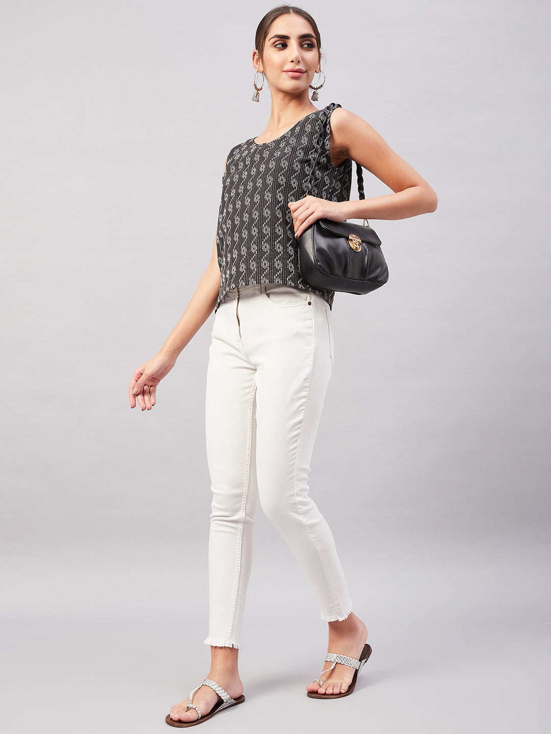 Black Kantha Ikkat print Sleeveless Top