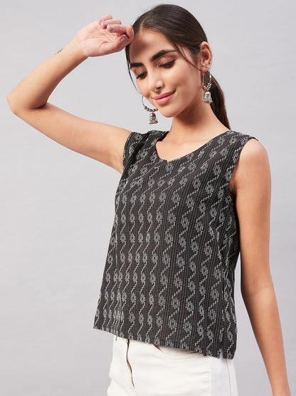 Black Kantha Ikkat print Sleeveless Top