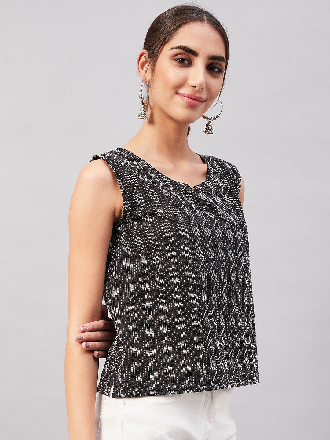Black Kantha Ikkat print Sleeveless Top