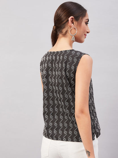 Black Kantha Ikkat print Sleeveless Top