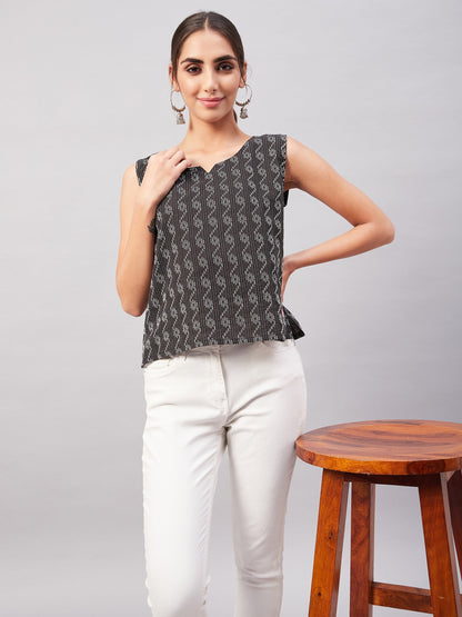 Black Kantha Ikkat print Sleeveless Top
