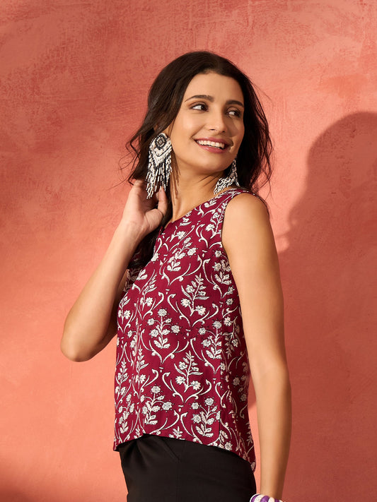 Wine Cream Floral Print Sleeveless Top