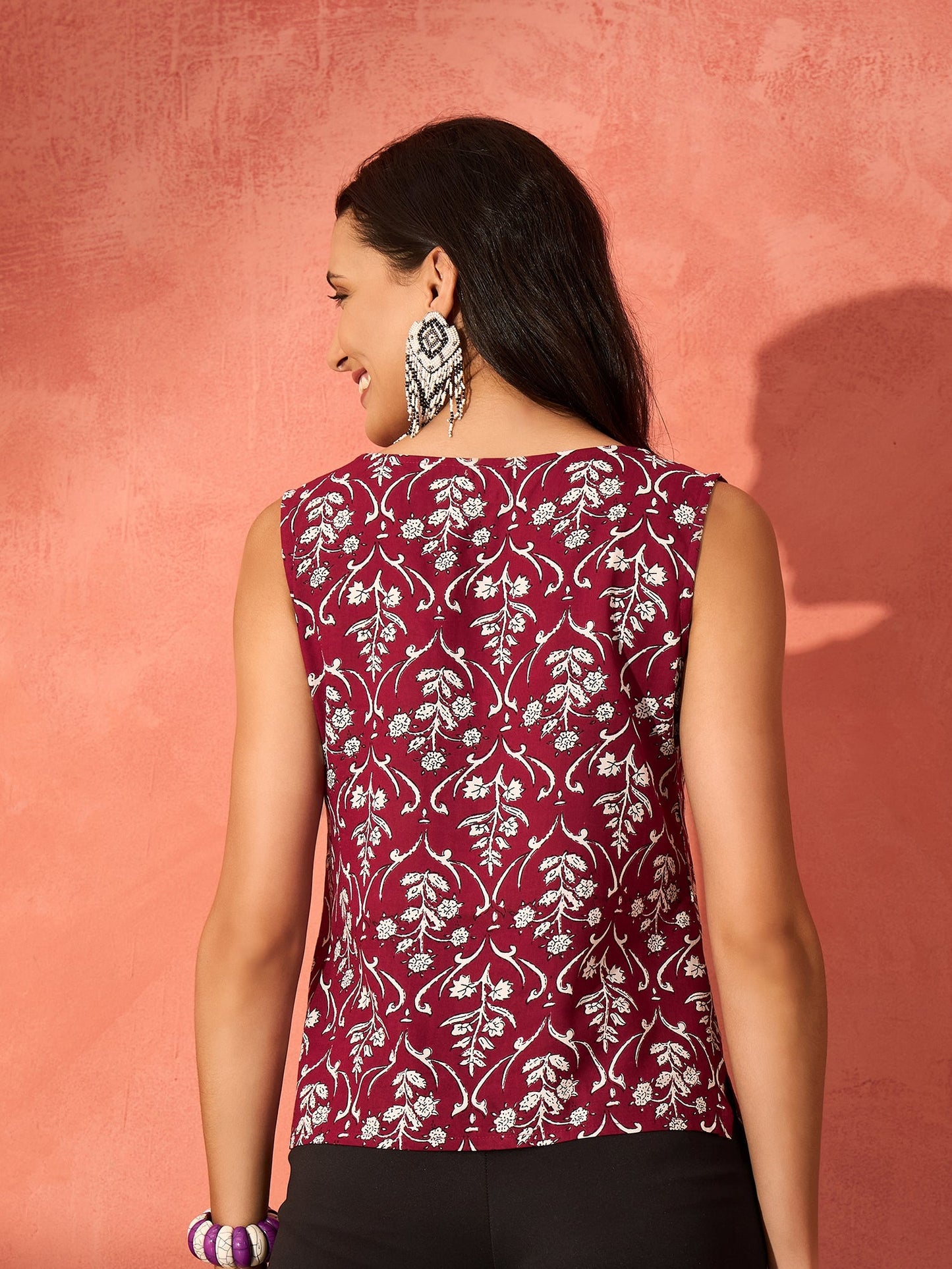 Wine Cream Floral Print Sleeveless Top