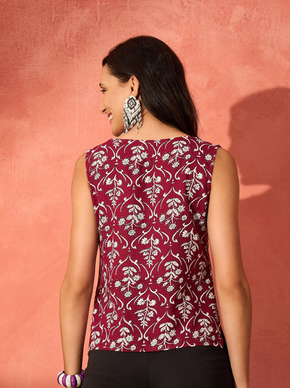 Wine Cream Floral Print Sleeveless Top