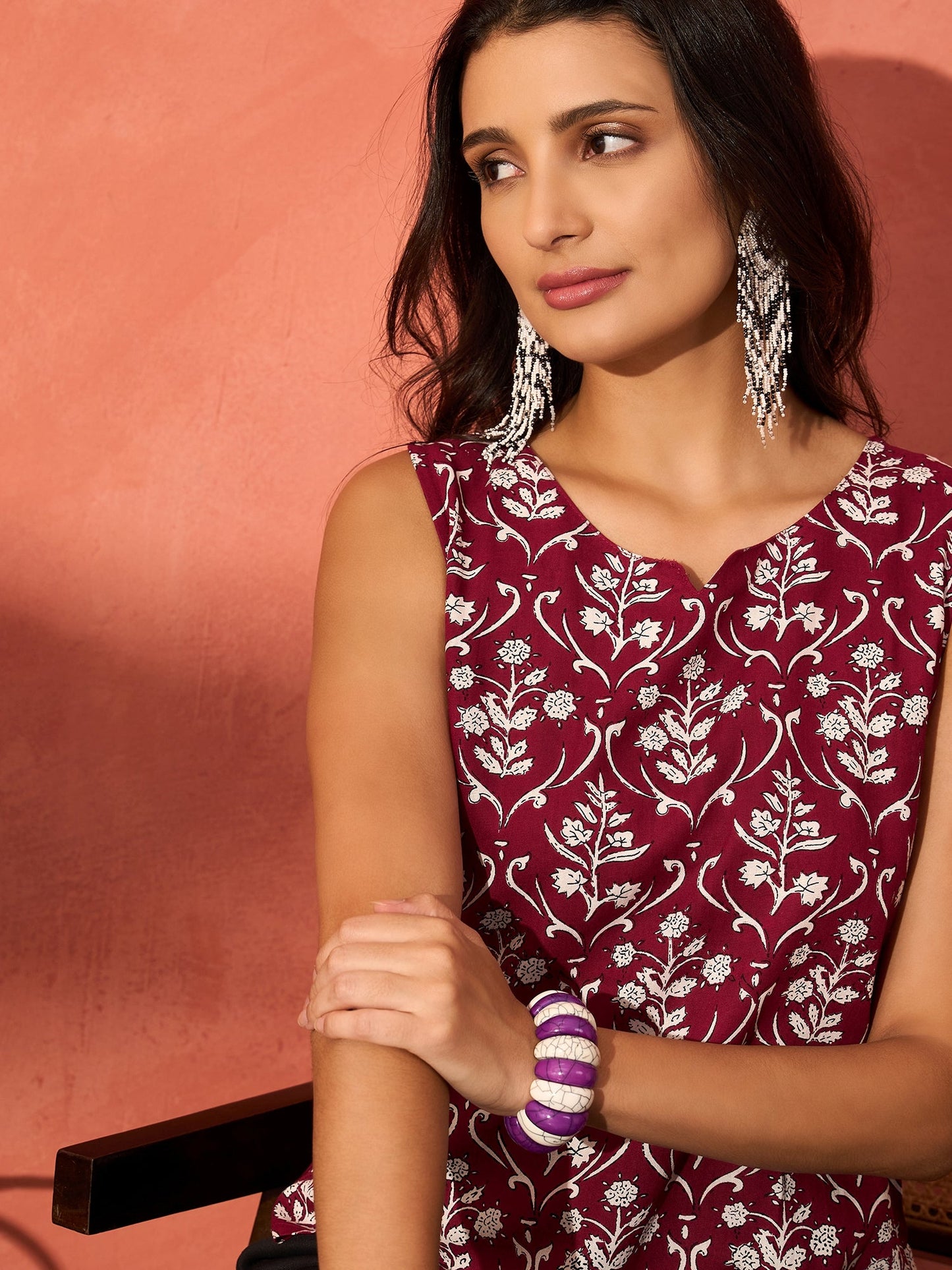 Wine Cream Floral Print Sleeveless Top