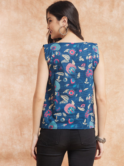 Blue Pink Kalamkari Sleeveless Top