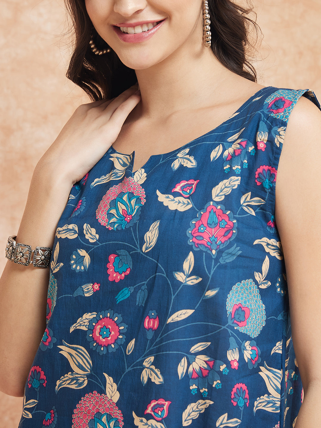 Blue Pink Kalamkari Sleeveless Top