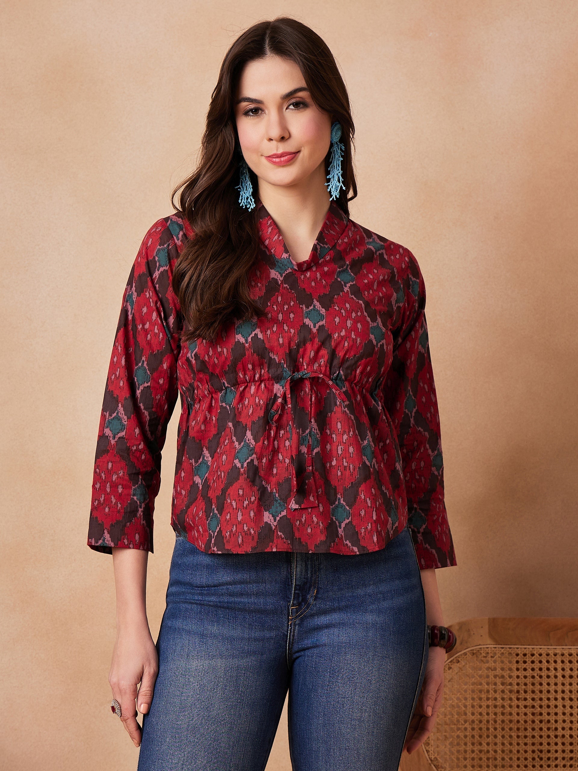 Red Abstarct Printed Shawl Neck Top