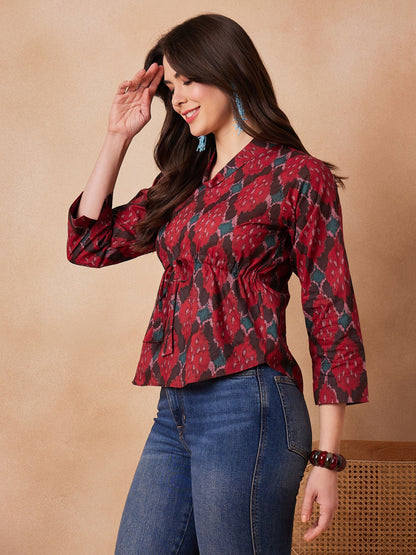Red Abstarct Printed Shawl Neck Top