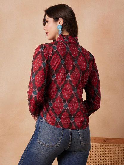 Red Abstarct Printed Shawl Neck Top