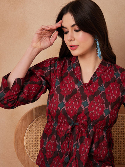 Red Abstarct Printed Shawl Neck Top