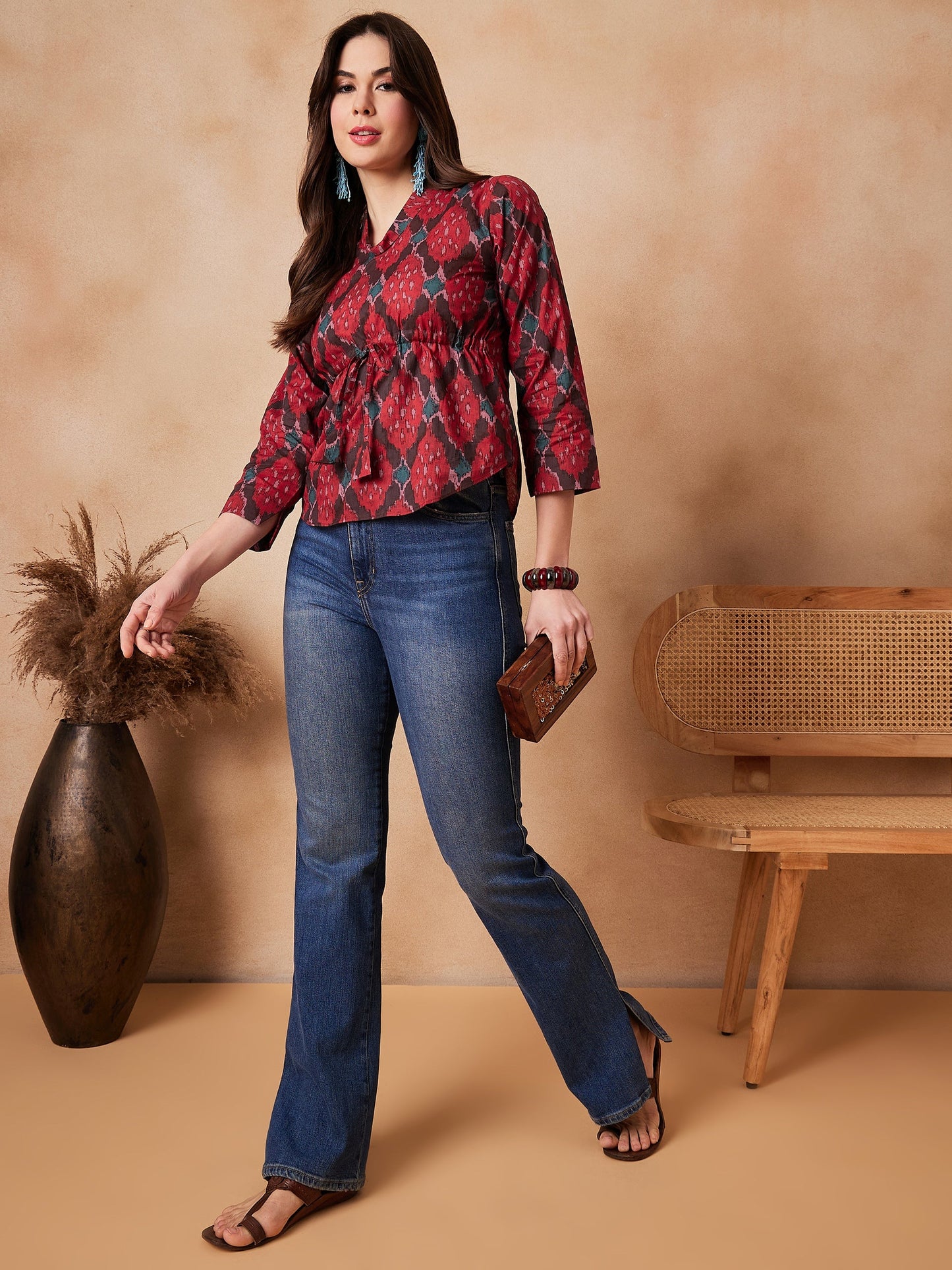 Red Abstarct Printed Shawl Neck Top