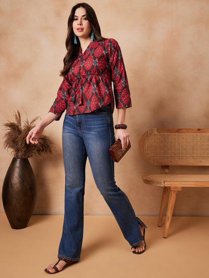 Red Abstarct Printed Shawl Neck Top