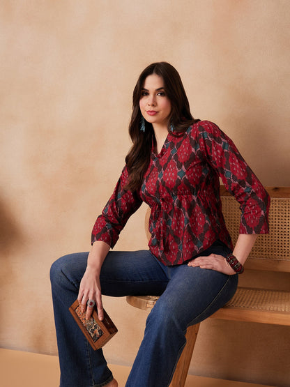 Red Abstarct Printed Shawl Neck Top