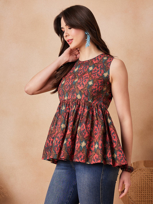 Coral Red Abstarct Printed Round Neck Top