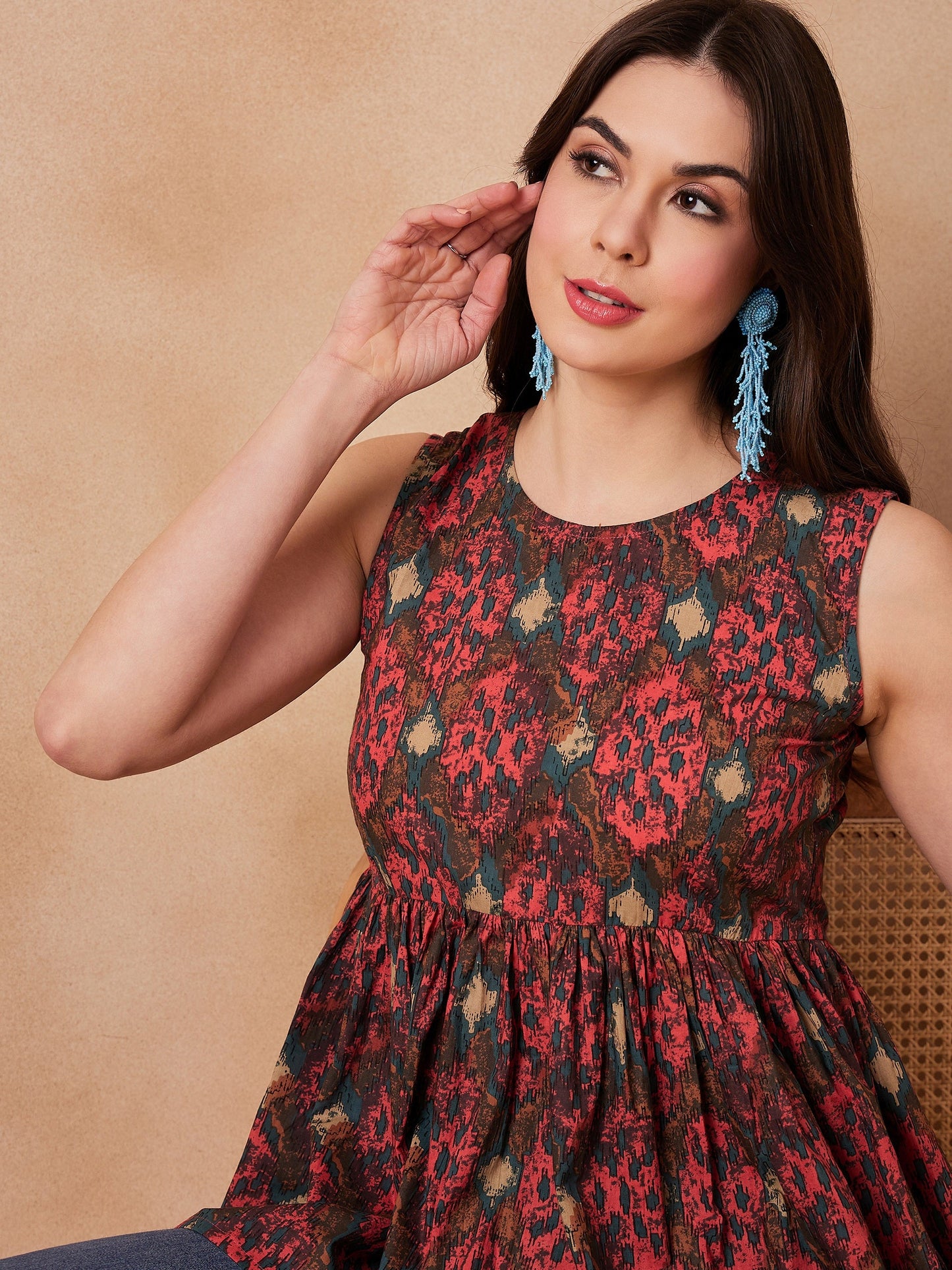 Coral Red Abstarct Printed Round Neck Top