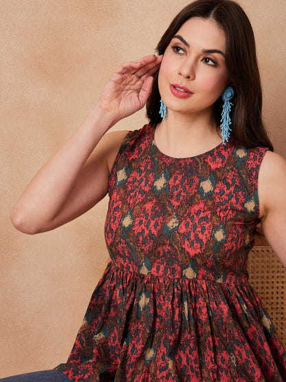 Coral Red Abstarct Printed Round Neck Top